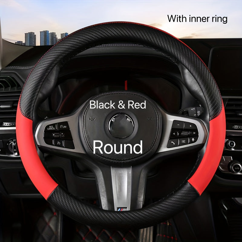 Funda de Volante de Fibra de Carbono Negro y Rojo con Anillo Interior - Cuero PU Antideslizante para Todas las Estaciones, Diseño Deportivo Elegante para Mayor Agarre y Comodidad