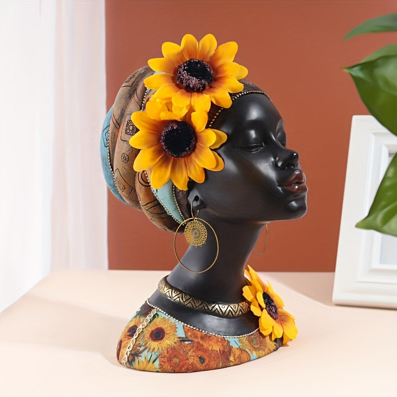 [Estatua Vintage de Mujer Tribal] Figura Vintage de 1 pza de Resina - Estatua de Mujer Negra con Tocado de Girasol - Decoración Exótica Tribal Africana - Ideal para Sala de Estar, Entrada, Vitrina de Vinos, Decoración Creativa para el Hogar
