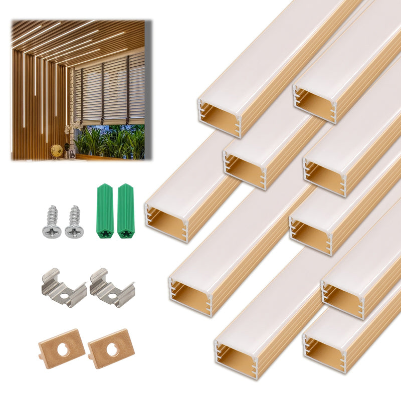 Conjunto de 10 Canales de Iluminación LED Dorados de Aluminio de 1.65 pies / 0.5 m, Tamaño Exterior de 15x9 mm, Montaje Oculto o Superficial con Clips de Montaje, Diseño Duradero en Forma de U para una Fácil Instalación