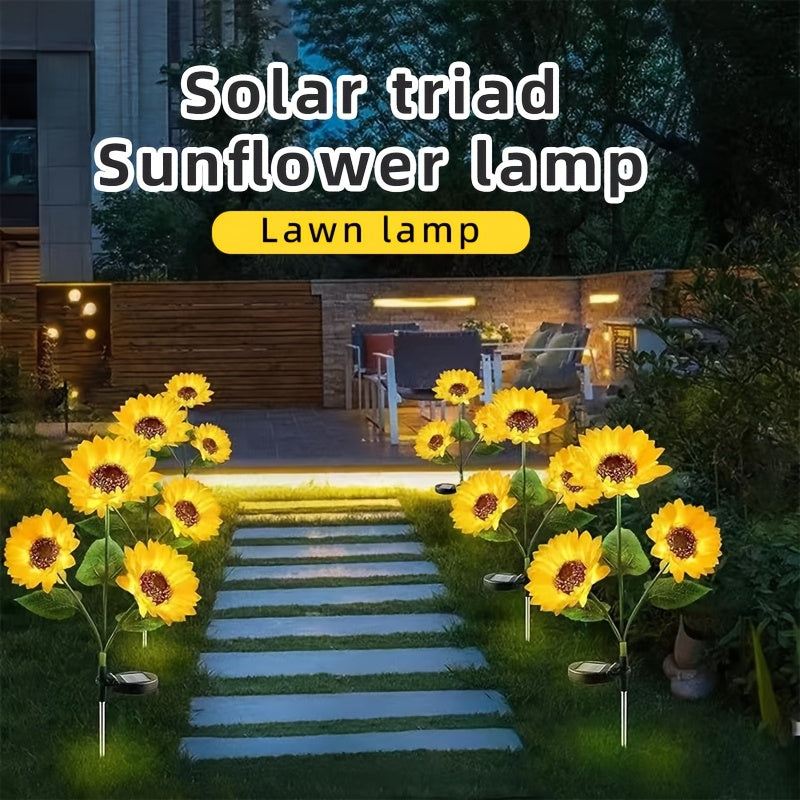 Luces de decoración de girasoles para exteriores, luz solar de girasoles para insertar en el suelo, luces de paisaje de girasoles amarillos en el suelo, luces de decoración de jardín de flores solares.