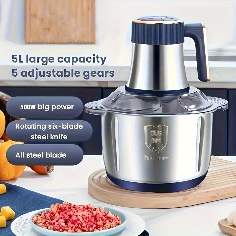 Picadora de Carne Eléctrica, Procesador de Alimentos 2L/3L/5L Acero Inoxidable y Máquina para Fideos, Usada para Picar Carne, Verduras, Frutas y Nueces, 5L con 6 Cuchillas Afiladas, 3L/2L con 4 Cuchillas, 500W, Enchufe Americano