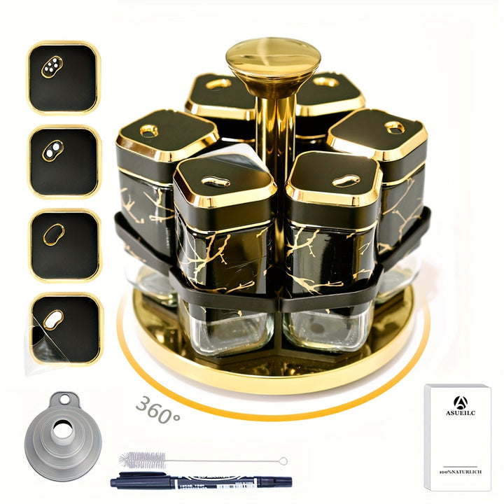 Estante giratorio de especias con 6 frascos de especias: Ahorra espacio y conveniencia - Organizador de cocina - Incluye 6 frascos de especias etiquetados, Estante giratorio de especias/Organizador de especias/Organizador de especias, Acero inoxidable