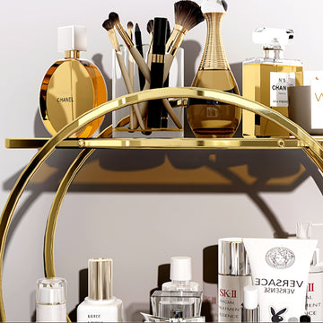 Organizador de Cosméticos Doble Capa de Acero Inoxidable - Estante Redondo Moderno de 27 Pulgadas para Cuidado de la Piel y Perfumes con Base de Mármol | Acabado Metálico Dorado, Regalo Perfecto para 10 Ocasiones Especiales
