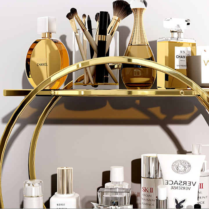 Organizador de Cosméticos Doble Capa de Acero Inoxidable - Estante Redondo Moderno de 27 Pulgadas para Cuidado de la Piel y Perfumes con Base de Mármol | Acabado Metálico Dorado, Regalo Perfecto para 10 Ocasiones Especiales