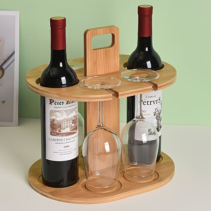 Elegante estante de bambú con gafas colgantes - Acabado pulido, diseño ahorrador de espacio para bar en casa, exhibición de bodega y decoración moderna de cocina, Decoración