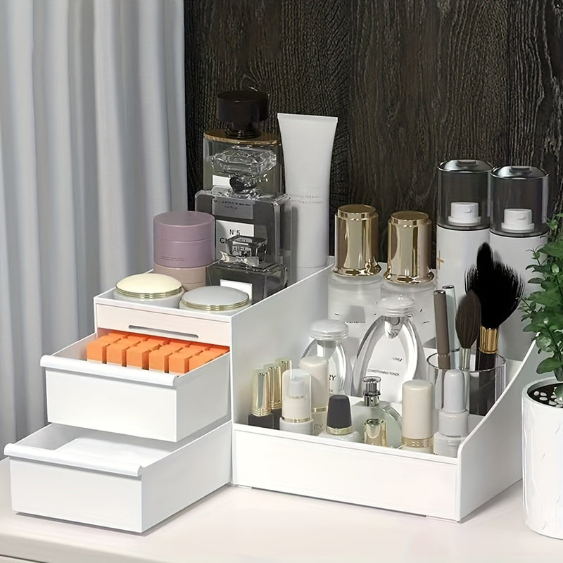 Organizador de maquillaje con cajón, gran capacidad, almacenaje para lápiz labial, cuidado de la piel y cosméticos, plástico ligero, no requiere energía