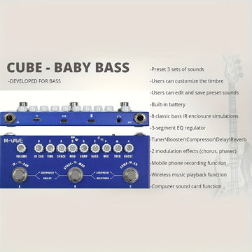 Pedal de efectos para guitarra M-VAPE Cube Baby BASS, multiefectos - con IR, 8 modelos de amplificador, delay, reverb, chorus, fase, carga USB, batería recargable de polímero, formato de señal analógica, construcción metálica, procesador de efectos para