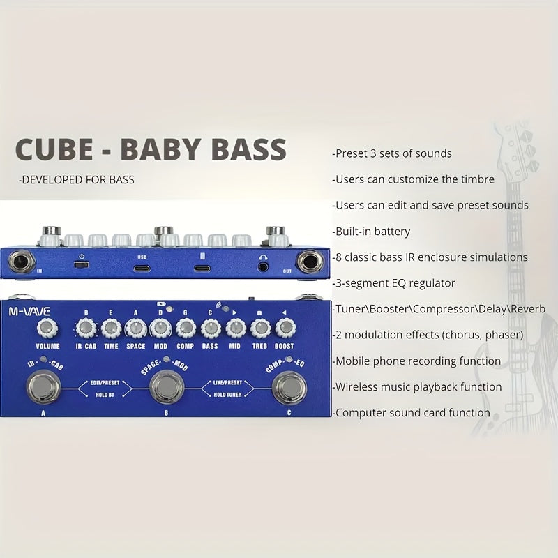 Pedal de efectos para guitarra M-VAPE Cube Baby BASS, multiefectos - con IR, 8 modelos de amplificador, delay, reverb, chorus, fase, carga USB, batería recargable de polímero, formato de señal analógica, construcción metálica, procesador de efectos para