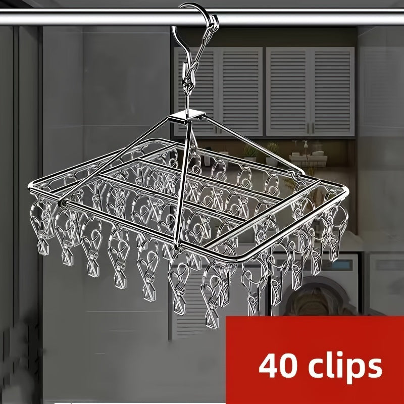 20 piezas/40 piezas, soporte de secado de ropa de acero inoxidable con ganchos estándar - Soporte de lavandería duradero para interiores y exteriores con ganchos giratorios de metal pulido, diseño de candado a prueba de viento, clips extraíbles para ropa
