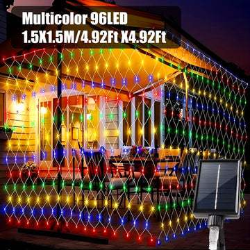 Luz de malla solar IP44 - 8 patrones, luces de cadena LED amarillas para jardín, patio, techo, balcón, árbol de Navidad, centro comercial, ideal para Halloween, Navidad, bodas y fiestas, alimentado por energía solar con batería de litio, luces de camping