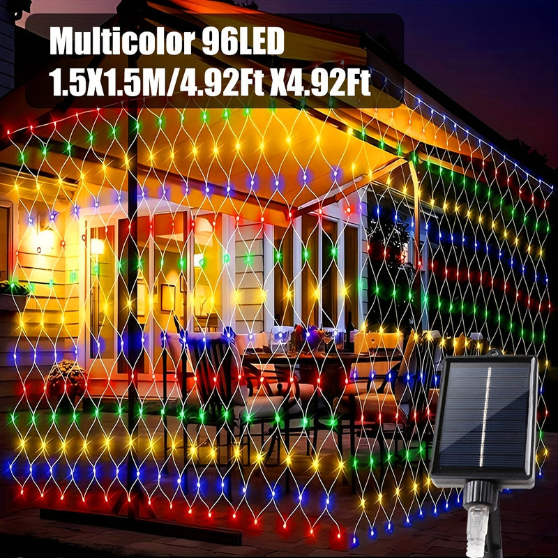 Luz de malla solar IP44 - 8 patrones, luces de cadena LED amarillas para jardín, patio, techo, balcón, árbol de Navidad, centro comercial, ideal para Halloween, Navidad, bodas y fiestas, alimentado por energía solar con batería de litio, luces de camping