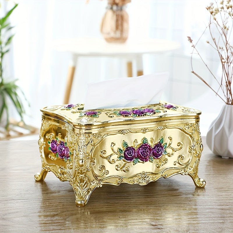 Caja de Pañuelos con Patrón de Rosas al Estilo Europeo Elegante - Plástico Duradero, Diseño Cuadrado para Uso en el Hogar y el Coche