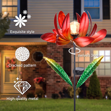 Jardín de luces de estacas de jardín alimentadas por energía solar, molino de viento de metal con luz LED de arriba, decoración de jardín exterior recargable con enchufe de suelo para patio, césped, camino, acabado de encaústico, control de interruptor,