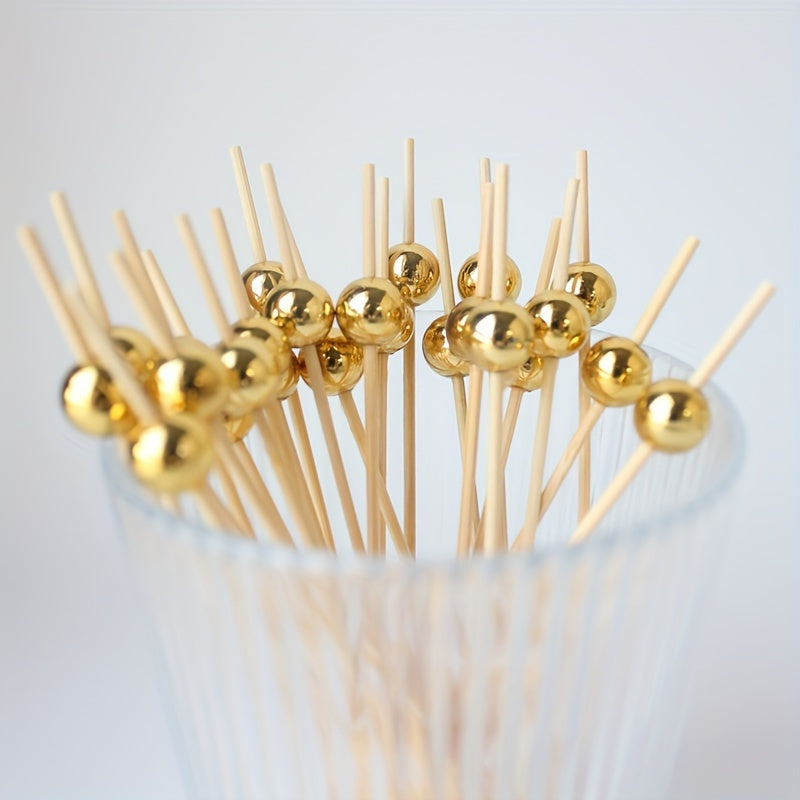 50 Piezas de Palillos de Bambú con Perlas Doradas - Brochetas Elegantes para Frutas, Pasteles y Aperitivos - Ideales para Decoraciones de Cumpleaños, Graduacións e Fiestas Festivas