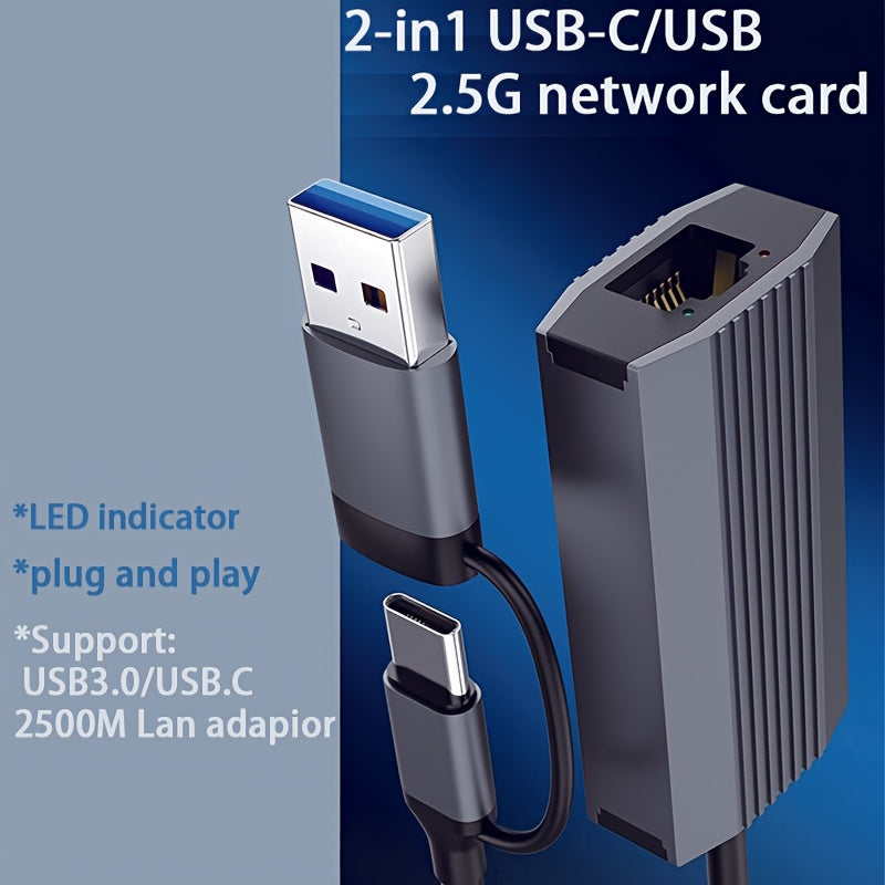 Adaptador USB-C Ethernet 2 en 1 con Velocidad de Internet de 2.5 Gb/s - Plug & Play, Sin Necesidad de Controladores, Compatible con Windows XP/7/8/8.1/10/11 para Portátiles/Tabletas/Smartphones
