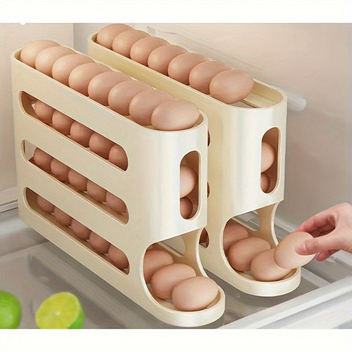 Caja de Almacenamiento de Huevos de 4 Niveles con Deslizamiento - Gran Capacidad, Diseño Automático para Puerta Lateral de Refrigerador - Plástico Duradero, Organizador de Cocina Seguro para Alimentos