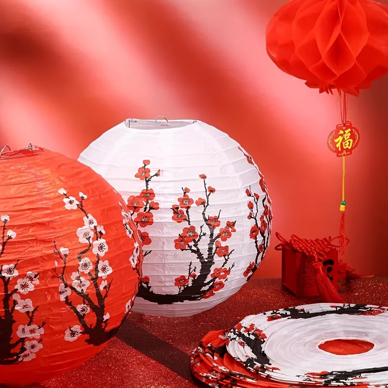 1pc/3pcs Linternas de papel chino de flor de cerezo y diseño de grulla, luces colgantes de patrón de cerezo japonés de 12 pulgadas, decoración de fiesta versátil para cumpleaños, inauguración de casa, confirmación - No necesita electricidad, sin plumas,