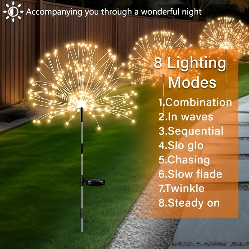 2 piezas Luces de Fuegos Artificiales Solares - Duraderas IP44, 8 Modos de Iluminación, Ideales para Patio, Jardín, Camino, Fiestas, Camping, Picnics, Navidad, Ramadán, Pascua, Día del Padre y Decoración de Halloween, Iluminación Festiva al Aire Libre |