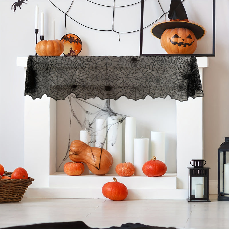 Cubre mesa de encaje para Halloween - Decoración de telaraña para fiestas, 1 pieza, poliéster, negro, ideal para restaurantes, cocinas y eventos festivos