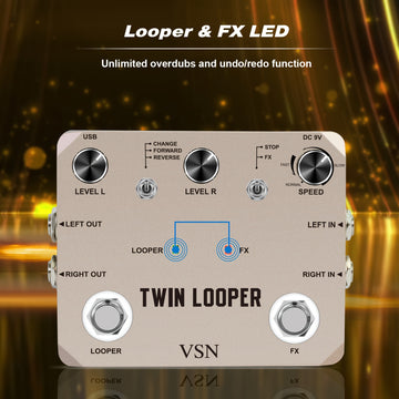VSN TWIN LOOPER Pedal de efectos de guitarra, True Bypass, señal analógica de alta calidad, alimentado por USB, con bucle de 10 minutos, sobrescritura infinita y deshacer, controles de velocidad y reversa, función de bucle dual, interfaz de botón y peril