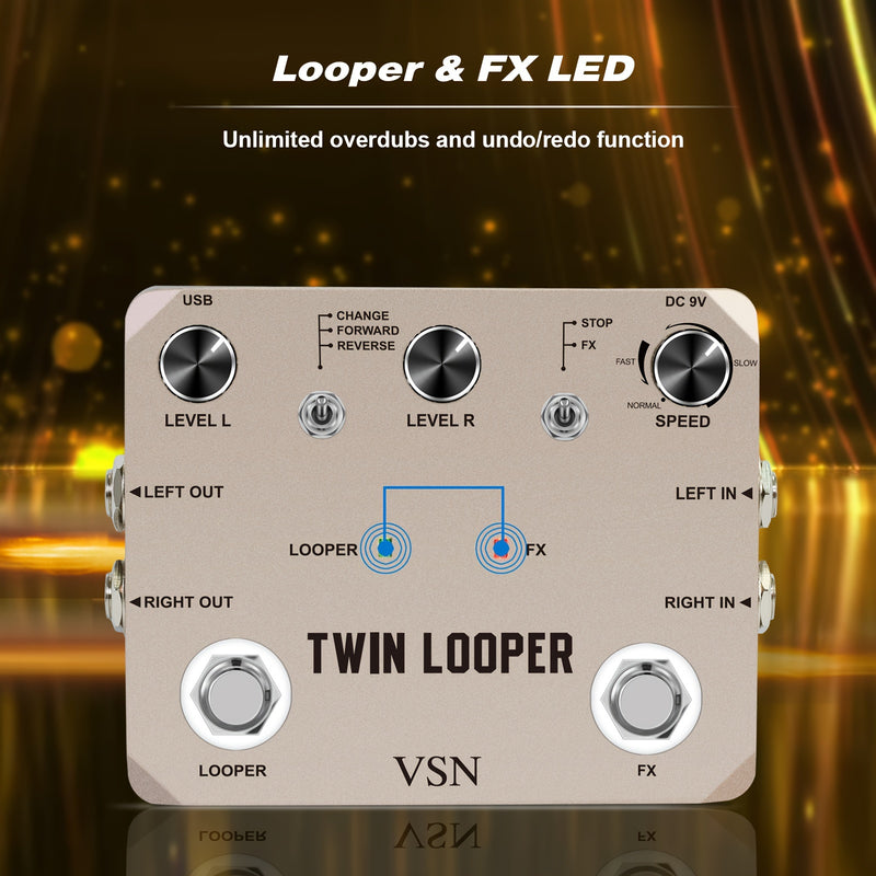 VSN TWIN LOOPER Pedal de efectos de guitarra, True Bypass, señal analógica de alta calidad, alimentado por USB, con bucle de 10 minutos, sobrescritura infinita y deshacer, controles de velocidad y reversa, función de bucle dual, interfaz de botón y peril