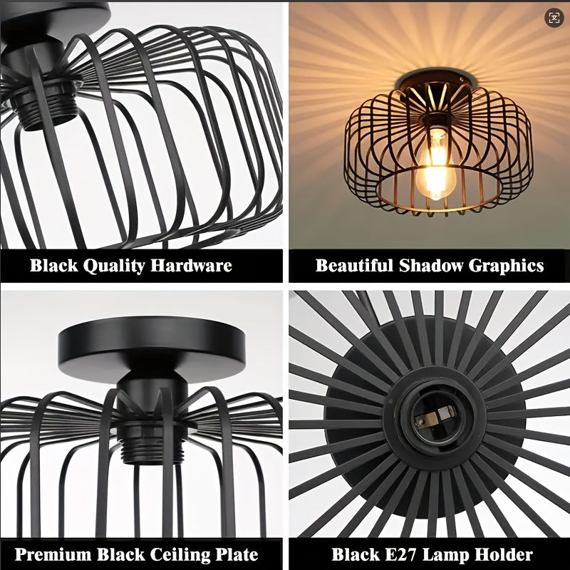 1 pieza de luz de techo semi-retratada negra para granja, instalación de techo de luz de pasillo de jaula de metal, luz de techo industrial ajustada para cocina, comedor, porche, dormitorio (excluyendo bombilla)