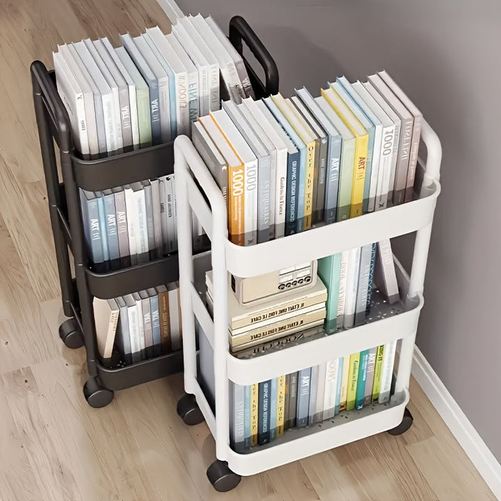 Carrito de almacenamiento rodante de 3 niveles - Organizador de plástico duradero con ruedas, fácil de mover para cocina, baño, dormitorio - Blanco, soporte para libros y artículos pequeños, unidad de estantería versátil | Carrito de almacenamiento moder