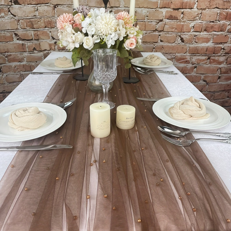 1pc Camino de Mesa con Perlas y Sobrecapa de Encaje Transparente - Poliéster Resistente a Arrugas para Arco Nupcial & Decoración de Comedor, Mantel Blanco Romántico Rectangular para Despedidas de Soltera, Banquetes y Eventos Especiales, Decoraciones de M