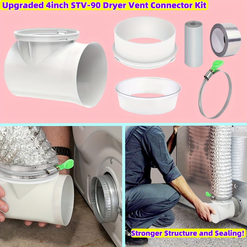 Kit de Conexión de Conducto para Secadora de Ropa Mejorado Estándar de 4 Pulgadas con Soporte y Conector de Tubo de Secadora STV-90 para Ventilación Interior - No Requiere Electricidad