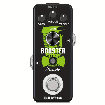 Amplificador de efecto de guitarra Amuzik Mini Booster, aleación de aluminio negro, verdadero aumento de ganancia, señal analógica, control de perilla, cableado, ≤36V, no requiere batería