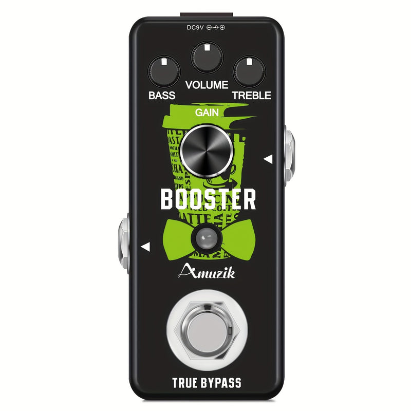 Amplificador de efecto de guitarra Amuzik Mini Booster, aleación de aluminio negro, verdadero aumento de ganancia, señal analógica, control de perilla, cableado, ≤36V, no requiere batería