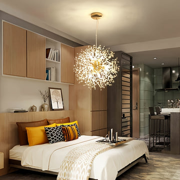 1 lámpara de cristal dorado de lujo, diseño moderno de diente de león, cable ajustable para suspensión, estructura metálica, ideal para sala, comedor, dormitorio o cocina, incluye 8 cabezales G9 (bombillas no incluidas, compradas por separado)