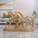 Estatuilla de Doble Caballo Dorado TY - Escultura de Resina Estilo Europeo con Cristales, Decoración para Interiores/Exteriores en Sala de Estar u Oficina, Arte Mural de Caballos sin Necesidad de Electricidad, Base Resistente