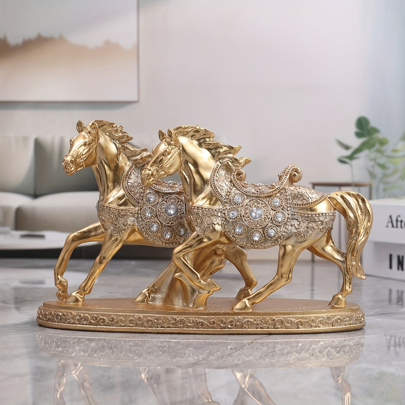 Estatuilla de Doble Caballo Dorado TY - Escultura de Resina Estilo Europeo con Cristales, Decoración para Interiores/Exteriores en Sala de Estar u Oficina, Arte Mural de Caballos sin Necesidad de Electricidad, Base Resistente