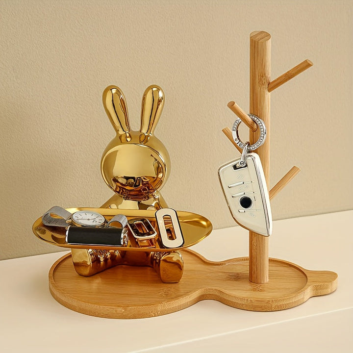 Bandeja de cerámica moderna con forma de conejo para almacenamiento - Soporte de madera, ideal como organizador de llaves y joyas, perfecto para decorar la entrada.