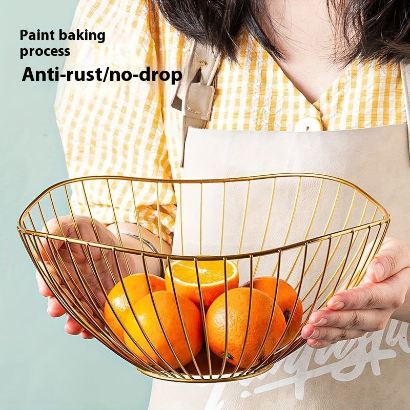 1pc Cesta de Frutas de Alambre Metálico Dorado – Resistente al Óxido, Diseño de Malla Creativa Antigoteo para Decoración de Cocina y Sala de Estar, Ideal para Almacenar Frutas