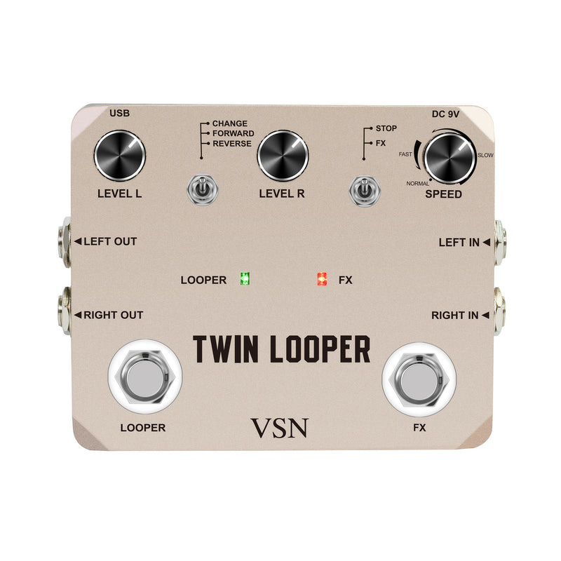 VSN TWIN LOOPER Pedal de efectos de guitarra, True Bypass, señal analógica de alta calidad, alimentado por USB, con bucle de 10 minutos, sobrescritura infinita y deshacer, controles de velocidad y reversa, función de bucle dual, interfaz de botón y peril