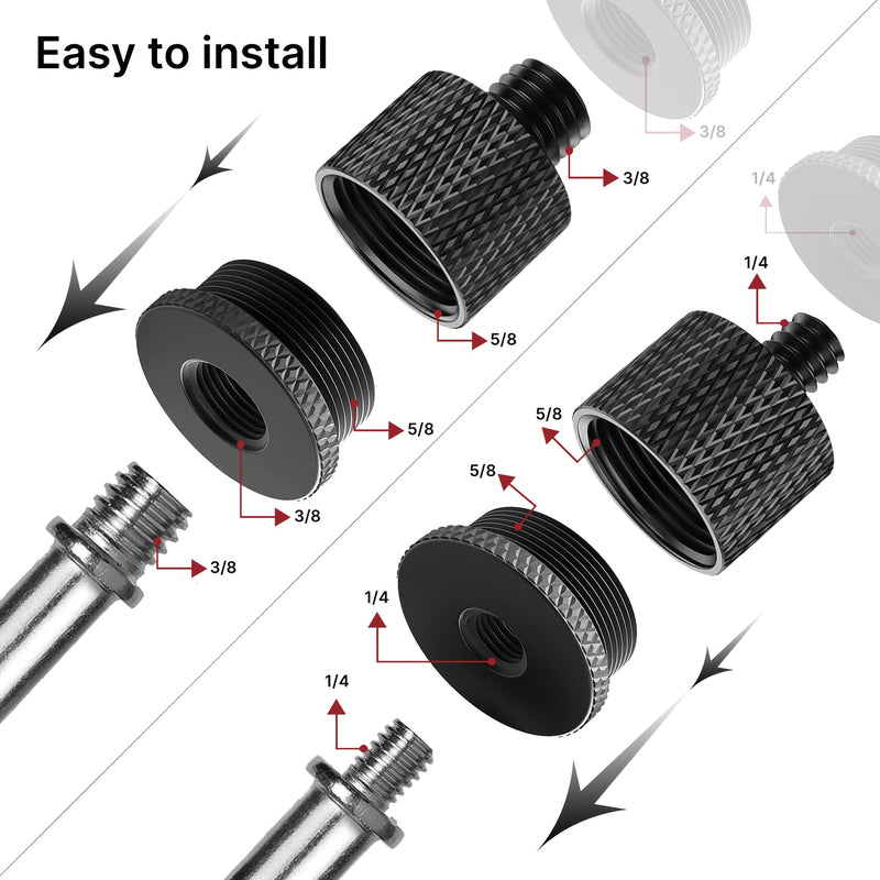Conectores Roscados para Soportes de Micrófono en - Adaptadores de Tornillo de 4 piezas: Hembra de 5/8" a Macho de 3/8", Hembra de 3/8" a Macho de 5/8", Hembra de 5/8" a Macho de 1/4", Hembra de 1/4" a Macho de 5/8" para Brazos de Micrófono, Trípodes de