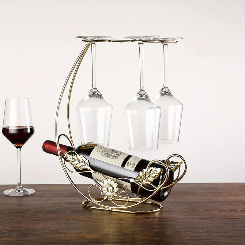 Estante de copas de vino de hierro contemporáneo - Soporte vertical para botellas de metal, soporte para copas de mesa, exhibición de copas de vino al revés, capacidad para 1 botella y 4 copas, no requiere ensamblaje
