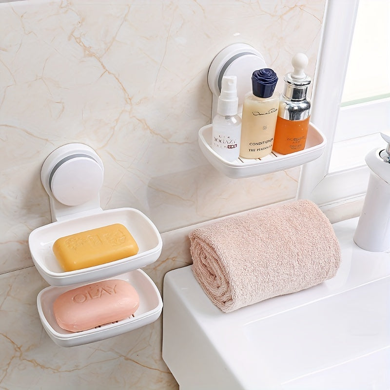 Soporte para Jabón con Ventosa Simple/Doble - Montaje Adhesivo Sin Taladro, Succión Potente, Diseño Ovalado de Plástico para Ducha, Baño y Fregadero - Organizador Removible de Esponjas y Jabones, Accesorio Moderno para Baño, Instalación sin Perforaciones