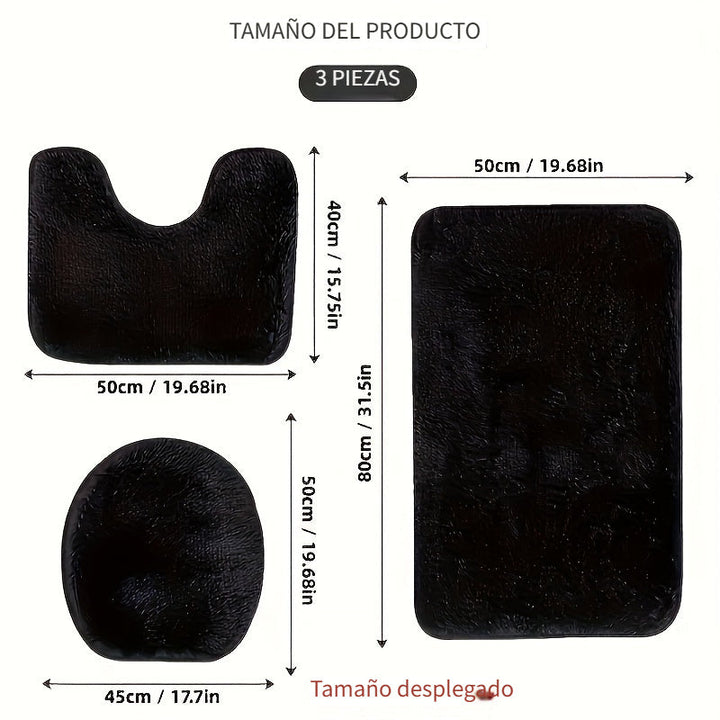 Juego de 3 Alfombras Antideslizantes para Baño - Incluye Tapete para Inodoro en Forma de U, Cubierta para Tapa y Cortina Decorativa para Ducha