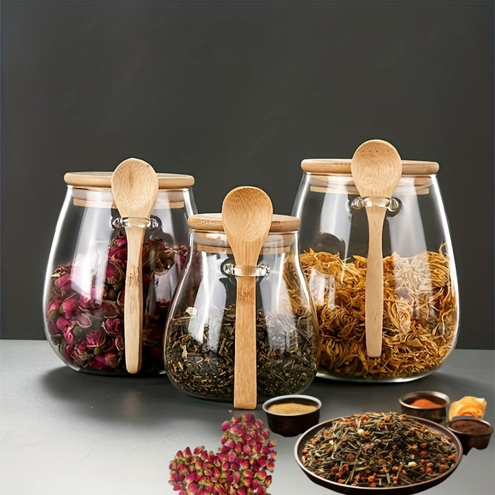 Juego de 3 recipientes de vidrio transparente para bocadillos, con tapa cuchara, herméticos, reutilizables, para cocina y despensa