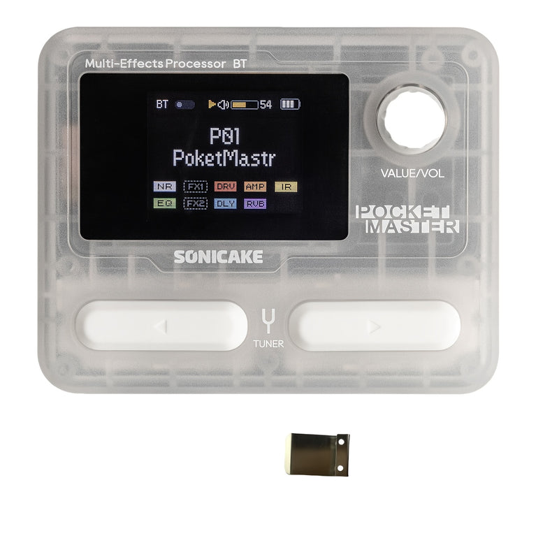 Procesador de efectos múltiples para guitarra Pocket Master de SONICAKE - Simulación de gabinete IR, portátil con clip de cinturón, batería recargable por USB, formato de señal analógica, diseño blanco y transparente, procesador de efectos de guitarra |