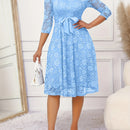 Vestido elegante con encaje floral, cinturón y dobladillo con volantes, cuello redondo y mangas 3/4, ideal para primavera y otoño, ropa de mujer