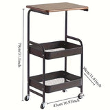Carro de almacenamiento de 3 niveles con parte superior de madera – Organizador de metal versátil para cocina, dormitorio, oficina y más – Negro con ruedas blancas, Organizador de oficina | Carro de almacenamiento elegante | Estante con parte superior de