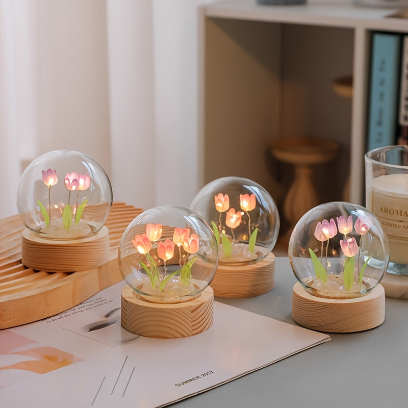 1 lámpara de mesa moderna de tulipán de vidrio soplado a mano, con patrón de flores, control de encendido/apagado, luz decorativa para habitación, incluye fuente de luz - Ideal para Día de la Madre o cumpleaños (pilas no incluidas)