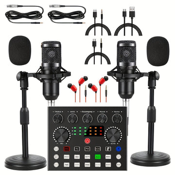 Paquete de Equipo para Podcast para 2, Interfaz de Audio V8s con Tarjeta de Sonido Todo en Uno y Micrófono Condensador BM800, Micrófono para Podcast, Perfecto para Grabación, Transmisión en Vivo