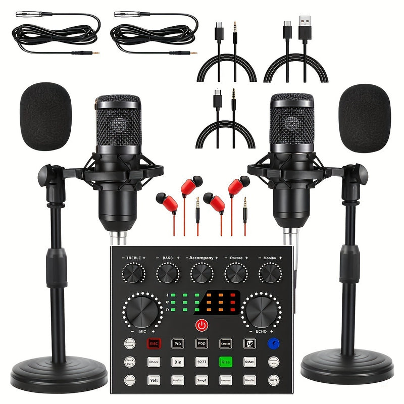 Paquete de Equipo para Podcast para 2, Interfaz de Audio V8s con Tarjeta de Sonido Todo en Uno y Micrófono Condensador BM800, Micrófono para Podcast, Perfecto para Grabación, Transmisión en Vivo