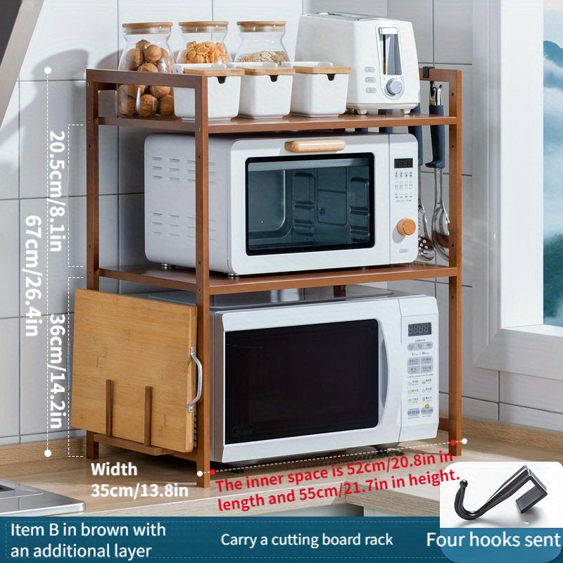 Un estante protector de bambú para hornos microondas y horno, un conjunto de almacenamiento que ahorra espacio para tarros de condimentos de cocina, una combinación de estantes de almacenamiento y un organizador multifuncional para salones y dormitorios