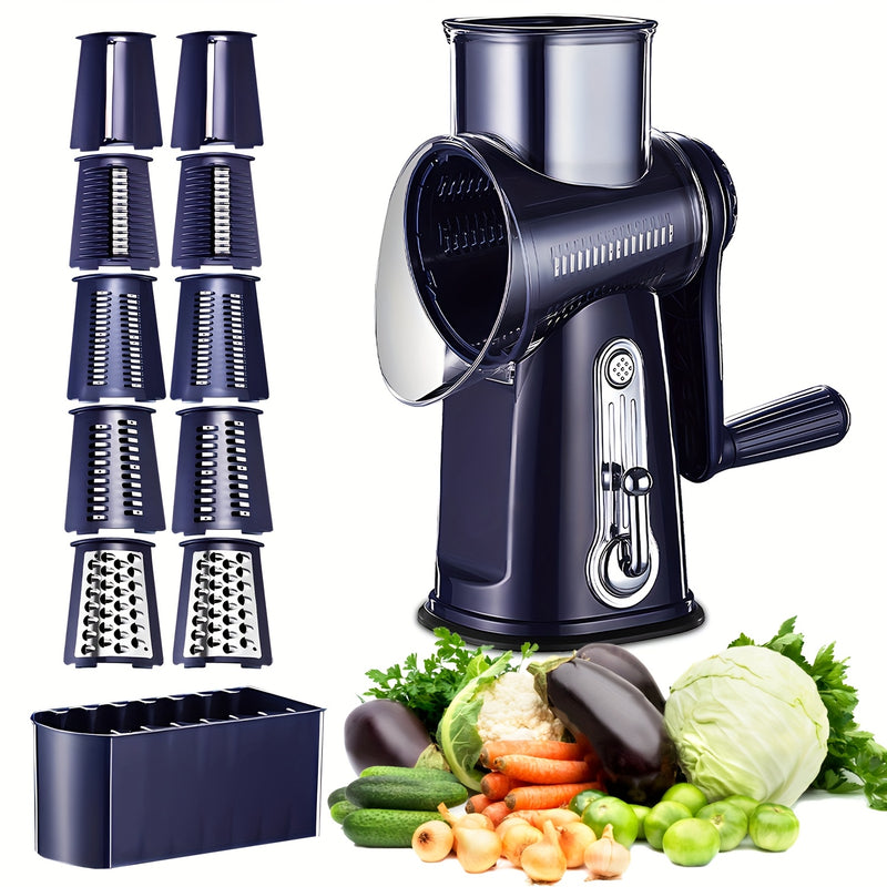 5 en 1, rallador de queso y cuchilla de verduras con mano de viento, cuchillas intercambiables de acero inoxidable, base de succión fuerte, fácil de limpiar, regalo ideal para la cocina, azul marino